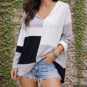 Colorblock Scoop Neck Sweater Top - White, Light Gray & Black